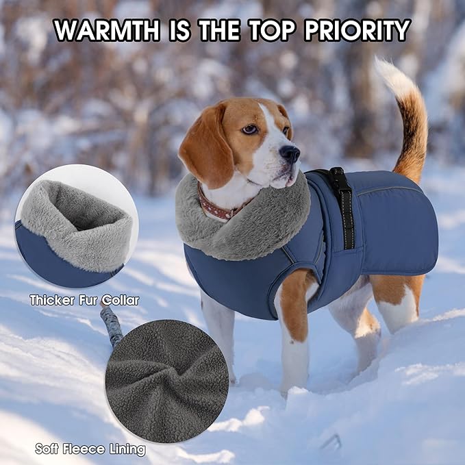 PETDSH Dog Coat Large, Windproof Dog Jacket with Warm Fleece Lining, Thickened Collar Dogs Winter Coat, Adjustable Reflective Pet Coats for Cold Weather (Navy Blue, XXX-Large)