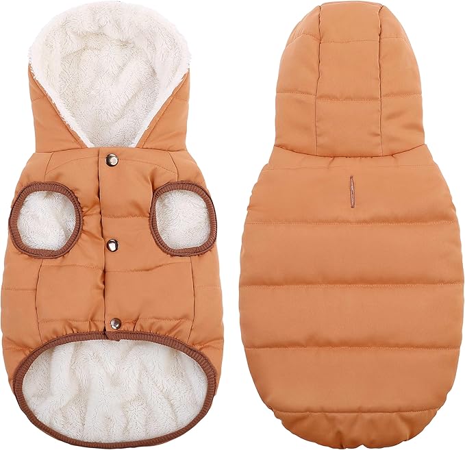 Windproof Waterproof Dog Coat Fleece & Cotton Lined Warm Jacket, Cold Weather Pet Apparel Clothes Vest for Small to XXL Dogs, Khaki
