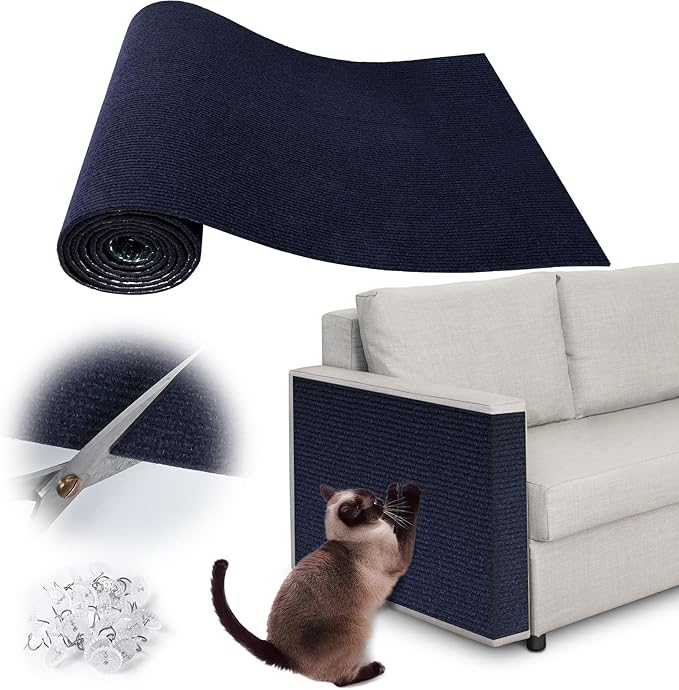 Cat Scratch Furniture Protector - 100" x 17" Trimmable Self-Adhesive Cats Claws Scratch Pads, DIY Cat Climbing Couch Protector for Scratch Post Cat Tree Replacement Indoor (Dark Blue)