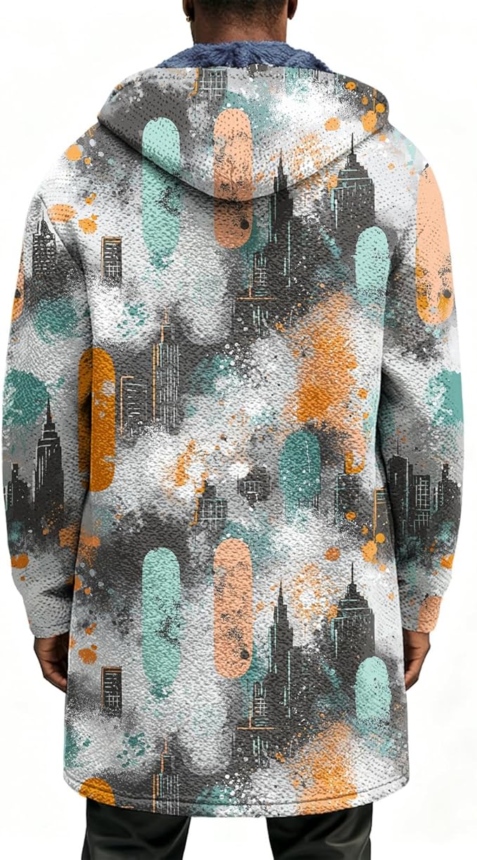 Mens Long Cardigan Hoodies Full Zip Fleece Lined Jackets Fashion Knitted Color Block Hooded Coat with Pockets