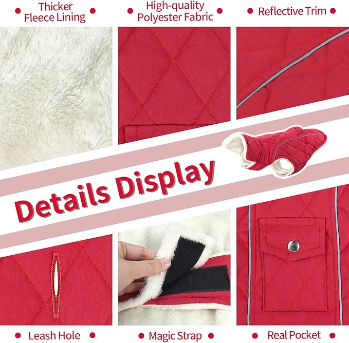 Malier Dog Winter Coat, Windproof Dog Cold Weather Coats with Real Pocket, Winter Extra Warm Pet Coat Fleece Jacket Reflective Clothes for Small Medium Large Dogs and Puppy (Red, XXX-Large)