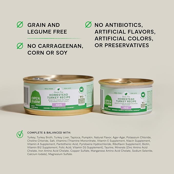 Open Farm Canned Cat Food, Pate for Complete & Balanced Nutrition, Grain Free and Legume-Free Wet Cat Food, Homestead Turkey Recipe, 5.3oz Cans (Case of 12)