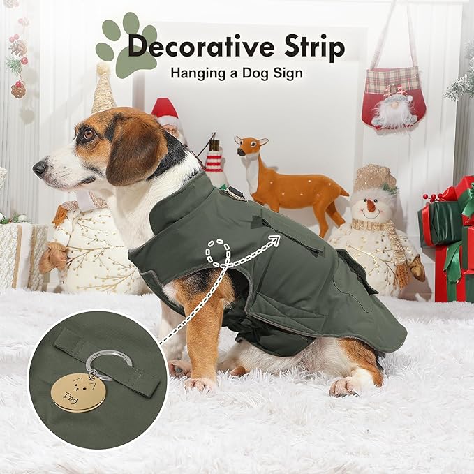 Workwear Style Dog Coats with Harness Built in for Small Dogs Windproof Warm Puppy Jacket with Storage Pockets for Cold Winter,Green XXL