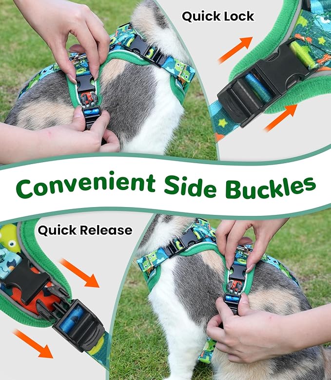 Halypet Cat Harness and Leash Set for Walking, Escape Proof Adjustable Vest Harness with 3-in-1 Integrated Buckles, Easy Control Soft Breathable Mesh with Reflective Strips for Cats, M, Green Monster
