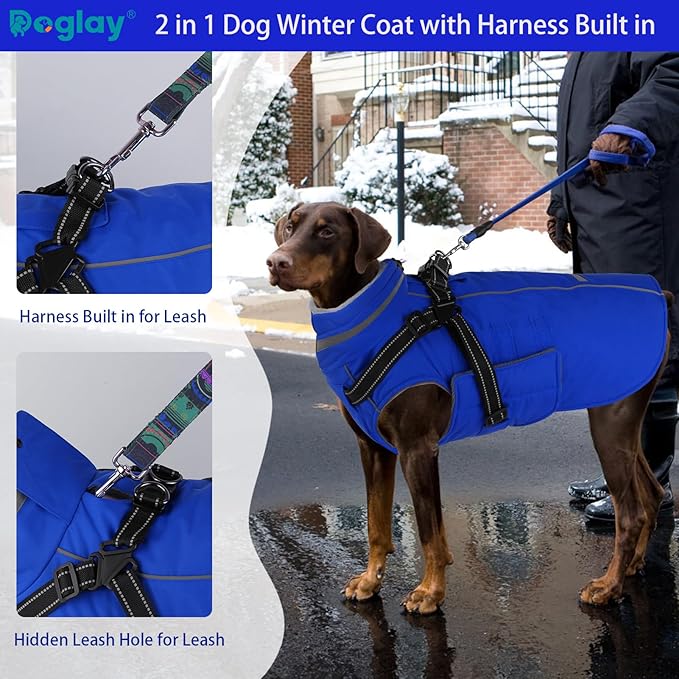 Doglay 2 in 1 Dog Coat with Harness Built-in, Waterproof Dog Winter Jacket with Pocket & Poop Bags, Reflective Adjustable Pet Winter Coat for Small, Medium, Large Dogs