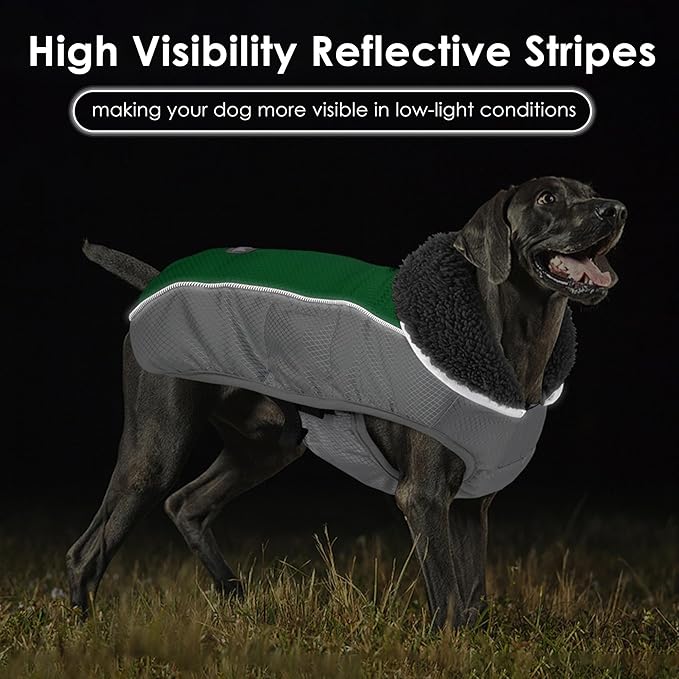 Dog Coat, Waterproof Ripstop Dog Winter Jacket with Leash Hole, Reflective Adjustable Warm Pet Fleece Snow Sweater for Small Medium Large Dogs - Green, 2XL
