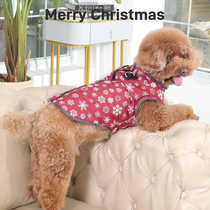 Warm Fleece Dog Coats with Durable Harness Buitl in D-Ring,Waterproof Puppy Jacket for Small Dogs,Dog Vest for Cold Winter,Red,Snow Pattern M