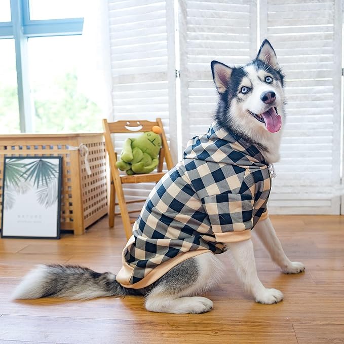KOOLTAIL Plaid Dog Hoodie Pet Clothes Sweater with Hat and Pocket for Small Medium Large Size Dogs, Soft Winter Warm Dog Cold Weather Coat, Fleece Fall Dog Hooded Sweatshirt for Puppy Cats, Beige XL