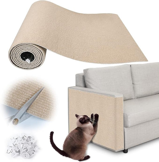 Cat Scratch Furniture Protector - 158" x 17" Trimmable Self-Adhesive Cats Claws Scratch Pads, DIY Cat Climbing Couch Protector for Scratch Post Cat Tree Replacement Indoor (Khaki)