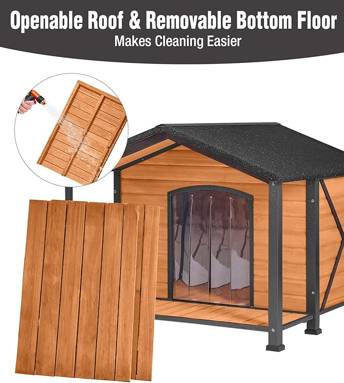 Extra Large Heated Dog House, Outdoor Dog House Insulated for Winter with Heating Pad, Weatherproof Wooden Dog Kennel with Porch, Sturdy Iron Frame & Openable Roof for Easy Cleaning (41.6" L)
