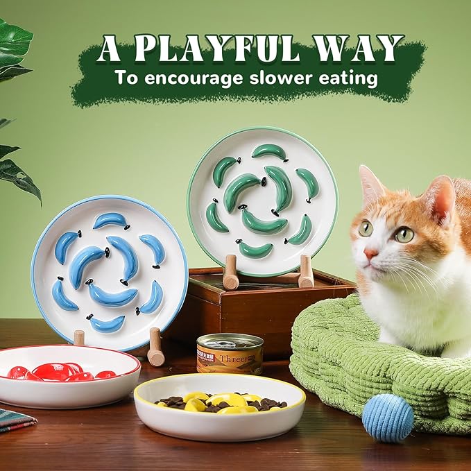 Ceramic Cat Slow Feeder Bowl - Vibrant Cat Feeding Bowl - Cute Maze Food Dish for Slow Eating - Dishwasher Safe - 6.3''W x 1.2''H - 7 OZ - Green