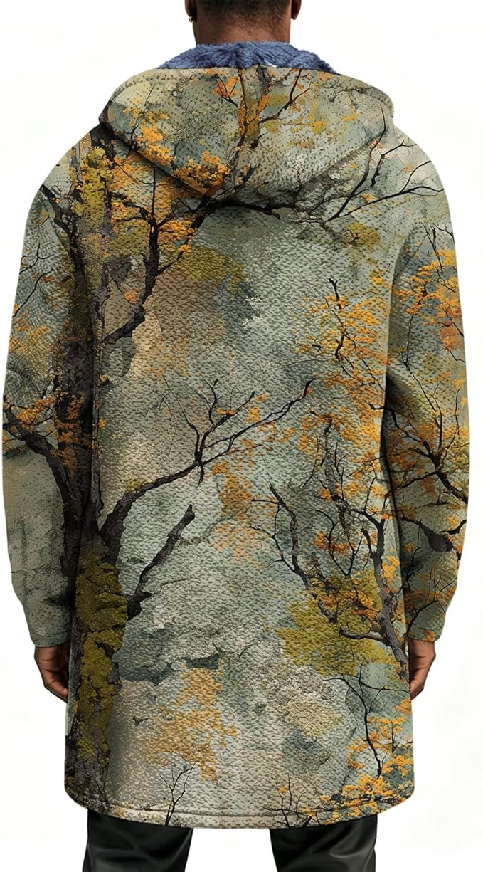 Mens Long Cardigan Hoodies Full Zip Fleece Lined Jackets Fashion Knitted Color Block Hooded Coat with Pockets