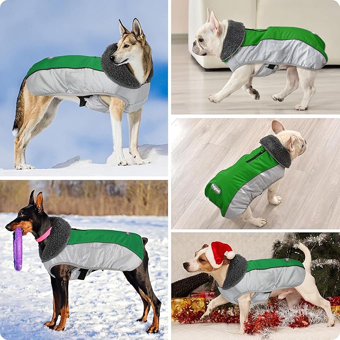 Dog Coat, Waterproof Ripstop Dog Winter Jacket with Leash Hole, Reflective Adjustable Warm Pet Fleece Snow Sweater for Small Medium Large Dogs - Green, L
