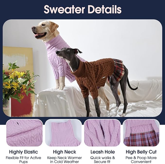 IECOii Girl XXXL Dog Sweater Dress, Girl Dog Sweaters for Extra Large Dogs Turleneck, Purple,XXXLarge, Thermal Warm Knitwear with Leash Hole, Adorable Cable Knit Sweater for Christmas & Thanksgiving