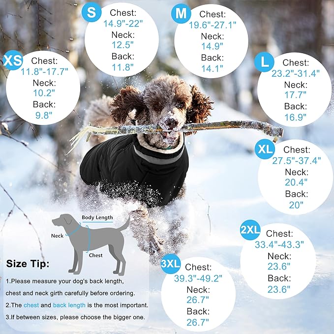 Dogcheer Dog Coat, Waterproof Dog Jacket with Harness, Reflective Adjustable Winter Coat with Zipper, Christmas Pet Snow Jacket Clothes for Small Medium Large Dogs - Black 2XL