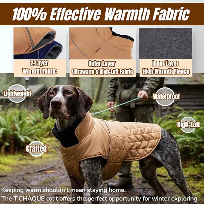 Outdoor Classic Quilted Upgraded Dog Winter Coat, Waterproof & Warmth Coats for Extra Large Dogs, Easy On & Off Jacket Chest Adjustable, Thick Pet Jackets for Great Dane Doberman(Khaki, 3XL)