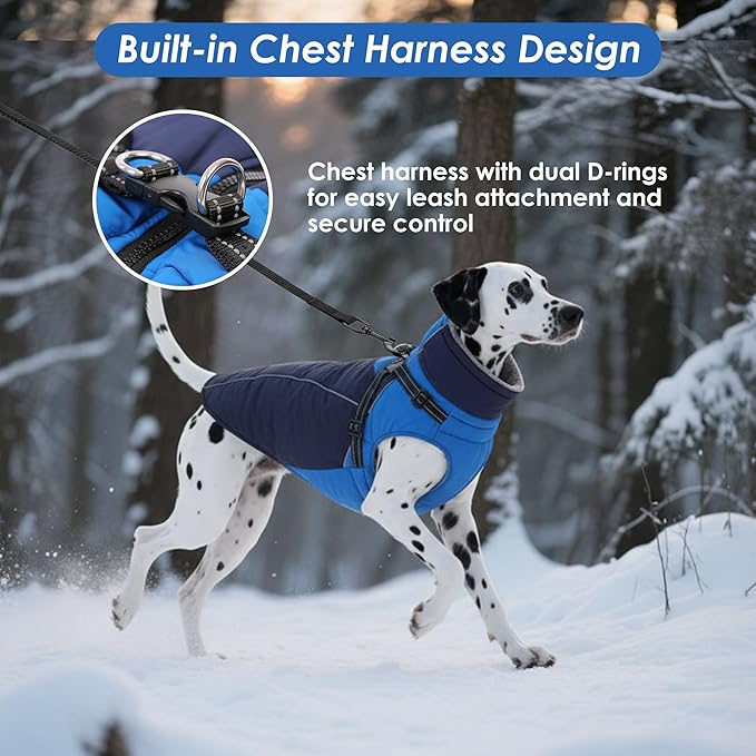 ASENKU Reflective Dog Coat with Built-in Harness, Windproof Fleece-Lined Dog Jacket for Small, Medium, Large Dogs, Warm Winter Vest with Turtleneck & Zipper (Navyblue XL)