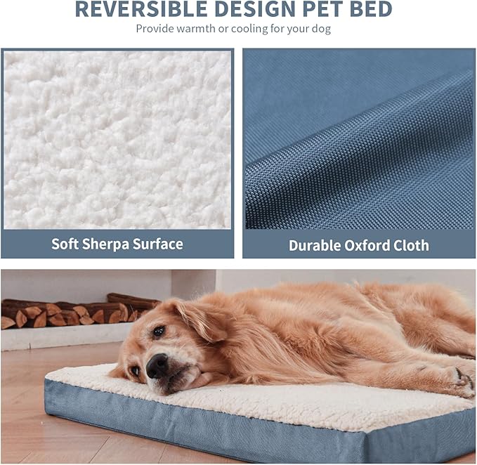 Orthopedic Dog Bed for Extra Large Dogs, XL Comfort Pet Mat for Large Sized Dog 44x32 Inch, Egg Crate Foam with Removable Washable Oxford Cover, Blue White