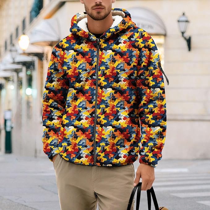 Men's Camouflage Hunting Fleece Lined Hoodie Camo Jackets Zip Up Long Sleeve Casual Winter Coats Hood Outerwear