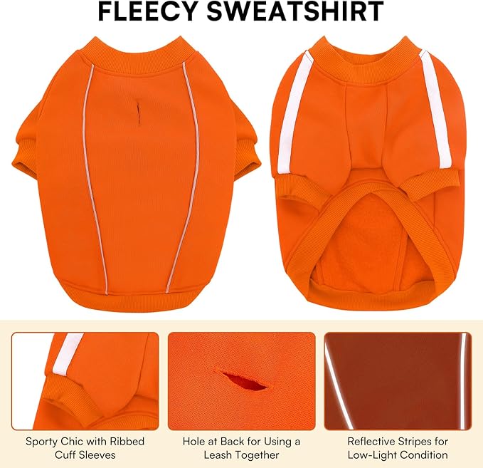 Queenmore Cozy Fleece Dog Sweater XS, Soft Pullover Dog Sweatshirt, Warm Winter Fleece Jacket with Leash Hole/Reflective Stripes for Small Medium Large Dogs Orange