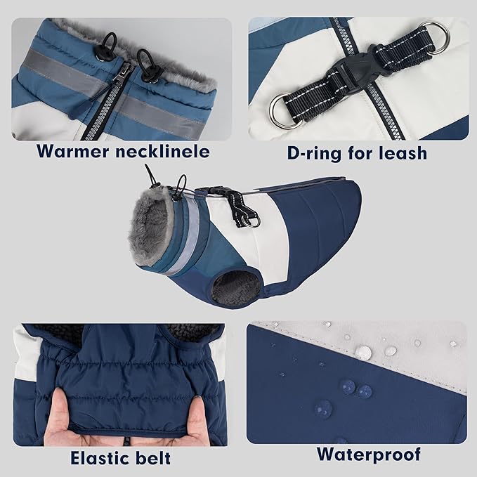 azuza Dog Jacket for Small Dogs Waterproof Dog Coat with Reflective Strips and Harness Built in Warm Fleece Dogs Winter Coat Windproof with Back Zipper, Navy M