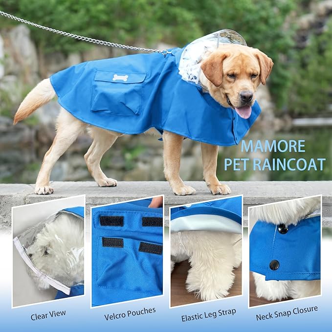 Dog Raincoat Waterproof, Adjustable Reflective Hooded Dog Rain Poncho with Leash Hole for Small Medium Large Dogs (Blue, Large)