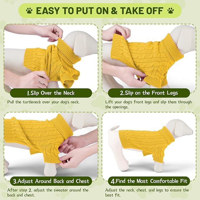 Small Dog Thermal Pullover Sweater, Classic Turtleneck Cable Knitwear Dog Clothes for Cold Weather Warm Pet Clothes for Chihuahua, Bulldog, Dachshund, Pug Yellow X-Large