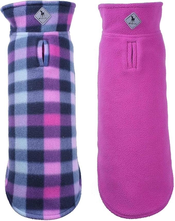 The Worthy Dog Fargo Fleece Check Dog Jacket, Adjustable Reversible with Harness Hole, Wind-Resistant, Winter Outdoor Clothes for Pets, Purple - 28''