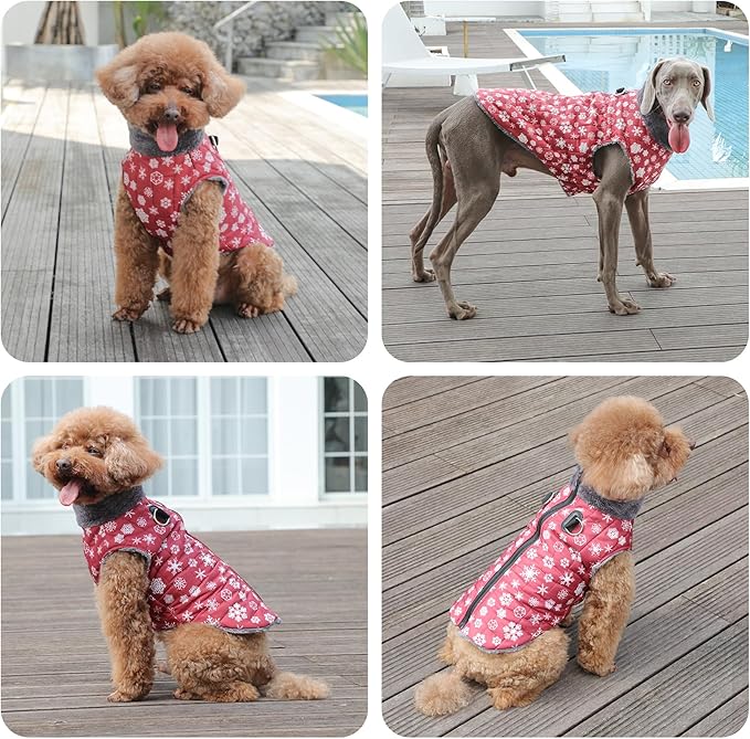 Warm Fleece Dog Coats with Durable Harness Buitl in D-Ring,Waterproof Puppy Jacket for Small Dogs,Dog Vest for Cold Winter,Red,Snow Pattern S
