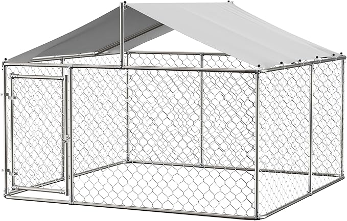 Outdoor Dog Enclosure Heavy Duty Dog Kennel House Mesh Outside Galvanized Chain Link Dog Run with Roof,Dog Cage Large Dogs Dog Pen Pet Kennel W/Waterproof Anti-UV Cover&Secure Lock for Large Dog