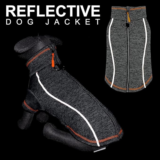 cyeollo Dog Sweater Fleece Jackets with Zipper Fleece Lining Warm Step in Coats Reflective Dog Sweaters for Large Dogs, Grey XXX-Large