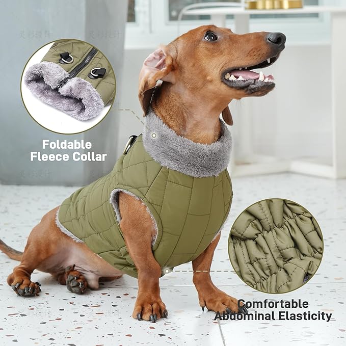 Warm Fleece Dog Coats with Durable Harness Buitl in D-Ring,Waterproof Doggie Jacket for Medium Dogs,Dog Vest for Cold Winter,Green XL