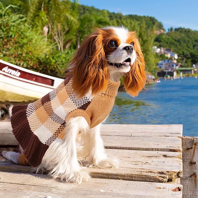 Dog Sweater Dress Plaid Knitwear for Small Medium Dogs Warm Puppy Pet Turtleneck Stretch Pullover Cute Fall Winter Vest Clothes with Leash Hole for Christmas (Coffee, 2XS)