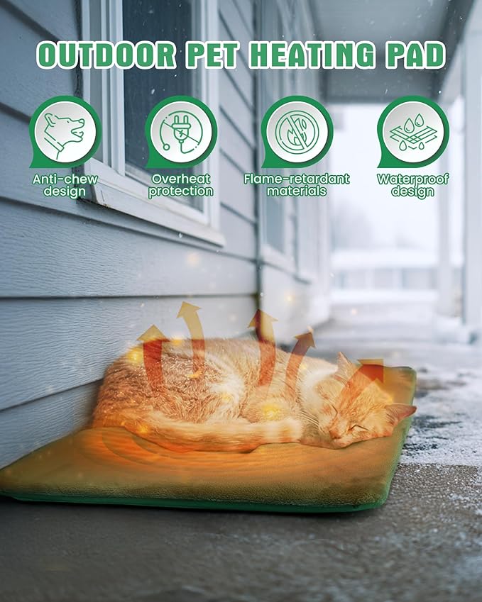 PETNF Outdoor Pet Heating Pad for Cats & Dogs, 100.4-107.6°F Auto Temp Control, Waterproof Fireproof, for Cat House/Dog Kennel/Terrace, Fits Domestic & Stray Pets (Green 15.7"X19.7")