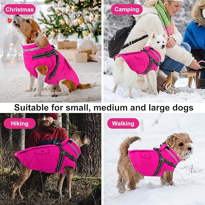 Dogcheer Dog Coat with Harness, Waterproof Warm Dog Winter Jacket with Pockets, Reflective Pet Fleece Jacket Turtleneck Snowsuit for Small Medium Large Dogs - Pink, M