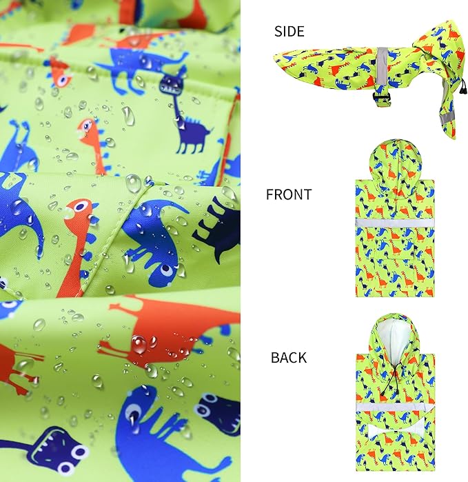 NACOCO Large Dog Raincoat Adjustable - Pet Dinosaurs Water Proof Clothes Lightweight Rain Jacket Poncho Hoodies with Strip Reflective Green (M, Green Dinosaur)