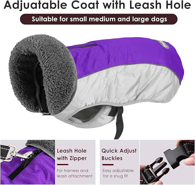 Dog Coat, Waterproof Ripstop Dog Winter Jacket with Leash Hole, Reflective Adjustable Warm Pet Fleece Snow Sweater for Small Medium Large Dogs - Purple, 3XL