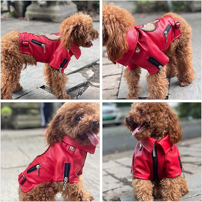 Lovelonglong Cool Dog Leather Jacket, Warm Coats Dogs Windproof Cold Weather Coats for Large Medium Small Dogs with Eagle Embroidery Red XS
