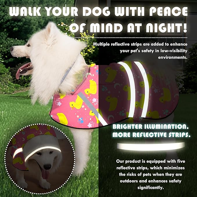 Dog Raincoat, Adjustable Rain Jacket with Hooded Double Layer for Large Medium Small Dogs Puppies, Lightweight Waterproof Rain Coat Poncho with Reflective Stripe Duck Pink,XXL