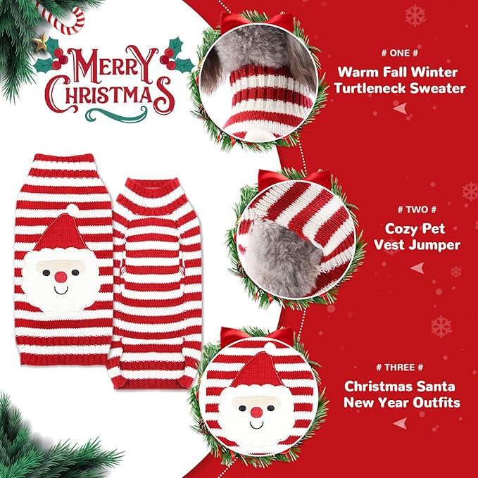 PETCARE Santa Dog Sweater Christmas Funny Cute Red Striped Cat Sweater Vest Pet Holiday Dog Clothes Puppy Sweaters for Small Medium Large Dogs Cats Fall Winter Outfits Xmas Dogs Costume,XX-Small