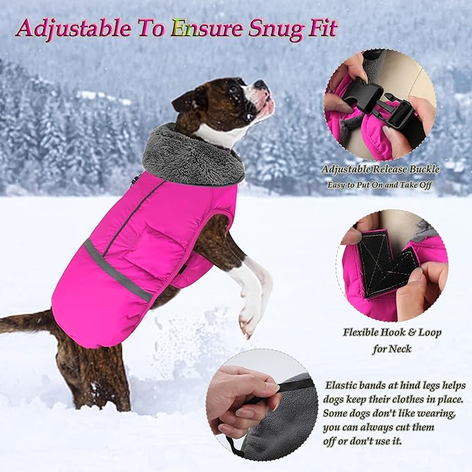 Dogcheer Warm Dog Coat, Christmas Dog Jacket Waterproof Puppy Winter Coat with Buckles, Reflective Adjustable Pet Snow Jacket Turtleneck Fleece Sweater for Small Medium Large Dogs - Pink, 3XL