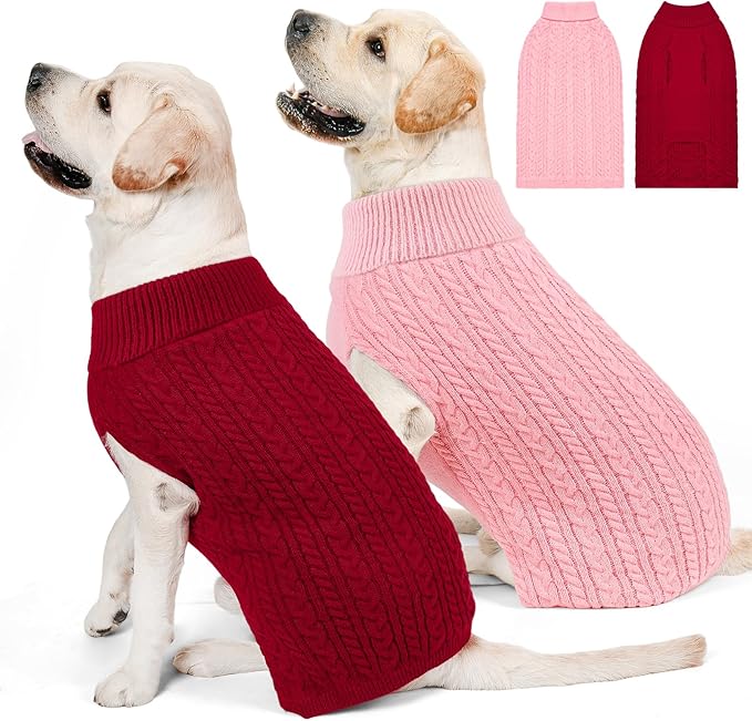 2 Pack Dog Sweaters for Big Dogs Turtleneck Pullover Cable Knit Large Size Stretch Clothes Pitbull Labrador Bulldog Doberman Boy Girl Pets Winter Clothes (XL, Pink & Red)