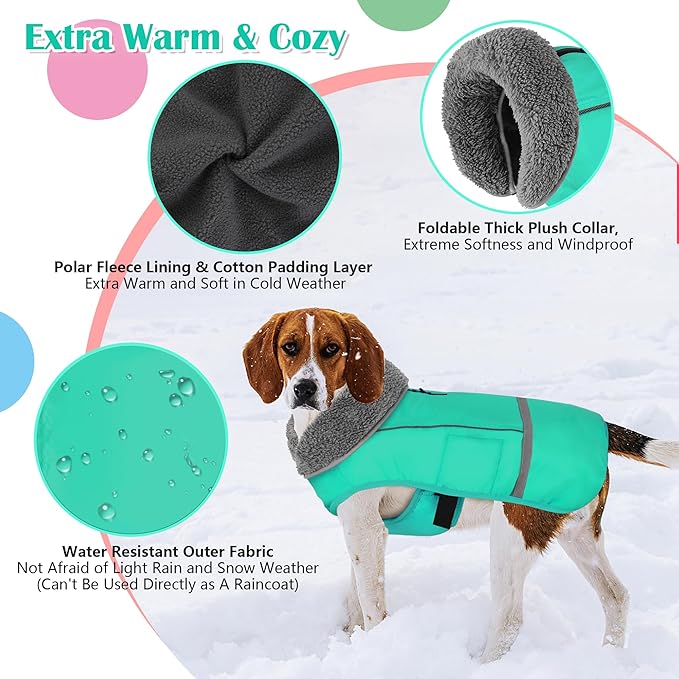 Dogcheer Warm Dog Coat, Waterproof Dog Jacket Christmas Puppy Winter Coat with Buckle, Reflective Adjustable Pet Snow Jacket Turtleneck Fleece Sweater for Small Medium Large Dogs - Pine Green, 2XL