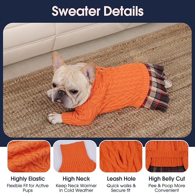 IECOii Girl Dog Sweater Dress - Cable Knit Dog Sweater for Small Dogs Girl - Orange, Medium, Turtleneck Pullover Sweaters with Tartan Plaid Skirt, Adorable Warm Dog Knitted Dress for Christmas