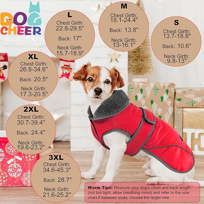 Dogcheer Dog Coat, Waterproof Dog Jacket Reflective Pet Winter Coat with Adjustable Hook & Loop, Christmas Puppy Fleece Jacket Warm Turtleneck Snowsuit for Small Medium Large Dogs - Red, 2XL