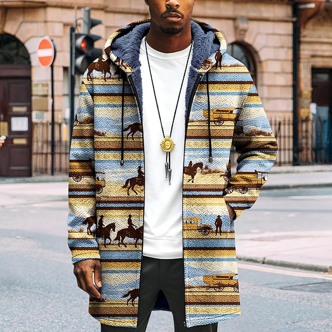 Mens Long Cardigan Hoodies Full Zip Fleece Lined Jackets Fashion Knitted Color Block Hooded Coat with Pockets