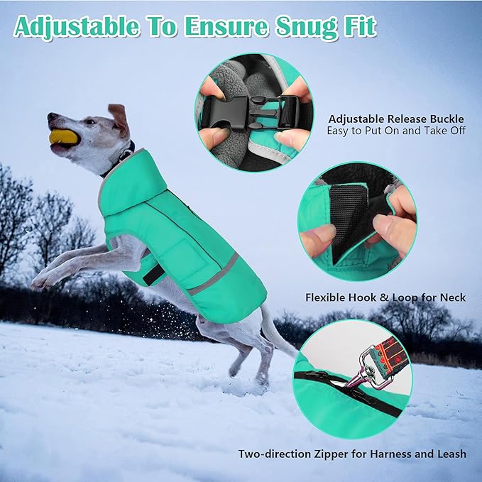 Dogcheer Warm Dog Coat, Waterproof Dog Jacket Christmas Puppy Winter Coat with Buckle, Reflective Adjustable Pet Snow Jacket Turtleneck Fleece Sweater for Small Medium Large Dogs - Pine Green, M
