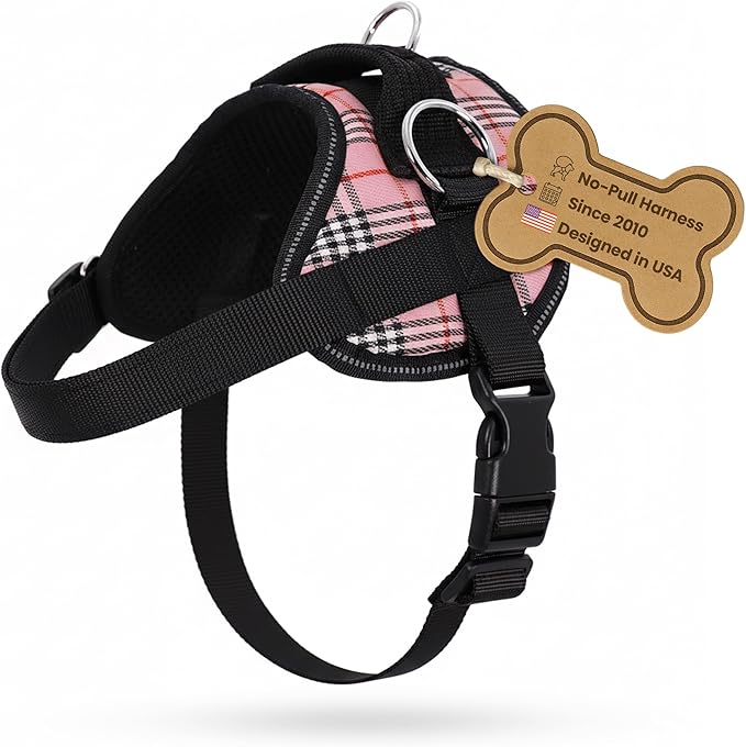 Bark Appeal Pink Plaid No-Pull Dog Harness for Small to Medium Sized Pets – Adjustable, Reflective Vest with 3 Leash Clips for Added Control, Easy Walks & Training – Medium