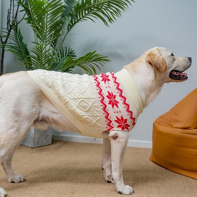 Warm Winter Pink Dog Sweater - Cold Weather Pet Clothes for Small Medium Large Dogs Indoor Outdoor, Soft Classic Knit Puppy Apparel Coat, White, XL