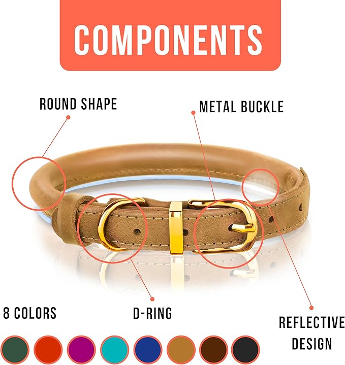 OOPSDOGGY Reflective Rolled Leather Dog Collar Adjustable Soft Padded Pet Collar for Small Medium Large Breed Dogs (Camel, XL, 17"-21")